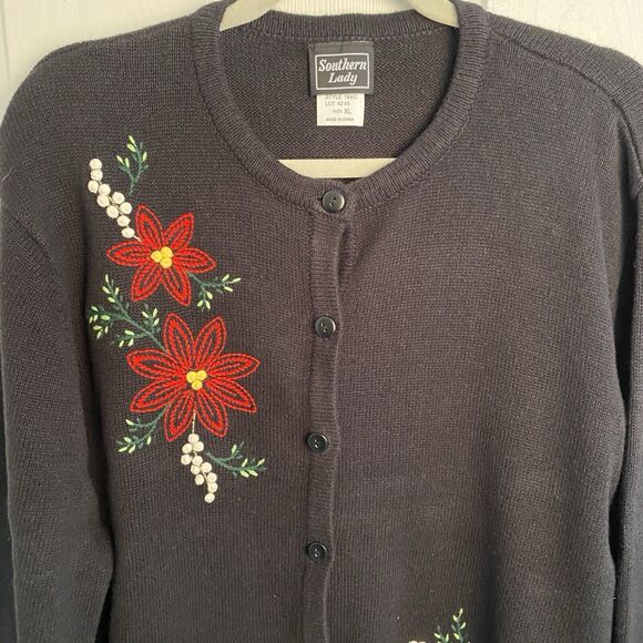 Vintage Christmas Cardigan Sweater Holiday Poinsettia Black Size XL Ramie Cotton - Picture 1 of 5